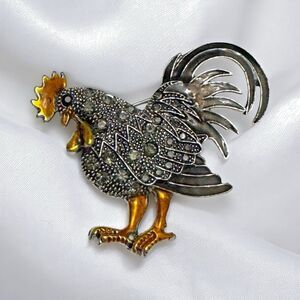 Rooster Brooch Marcasite Style Silver Gold Tone 2.5"